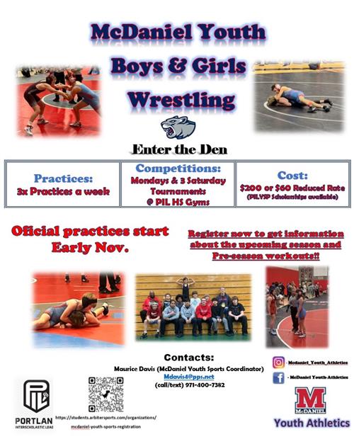 Boys and girls wrestling flyer McDaniel Youth